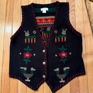 VTG Llama Peruvian Floral Knit Cardigan Decorative Concho Silver Buttons Ranch